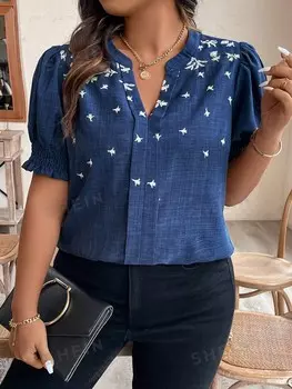 JORESS Женские блузки больших размеров, узор, вырез горловины, короткие рукава-пузырьки Shein, синий