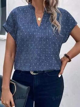 JORESS Женские летние свободные топы больших размеров с короткими рукавами «летучая мышь», V-образным вырезом и разрезом Shein, синий