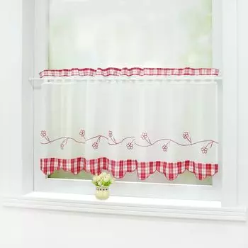 Joyswahl Панельные шторы Занавеска-бистро Современные кухонные шторы с красным клетчатым узором Вышивка в стиле кантри Прозрачный белый В x Ш 30 x 120 см, красный