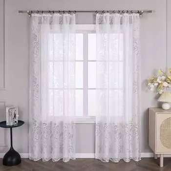 Joyswahl Вуаль, занавеска с узором розы, рюшная лента, оконная занавеска, прозрачная белая В x Ш 225 x 140 см, 1 шт., белый