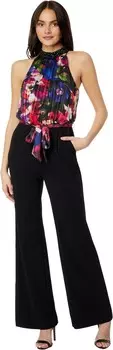 Юбка Adrianna Papell Mock Neck Printed Floral Halter Jumpsuit with Solid Black Bottom, цвет Black Multi