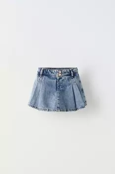 Юбка-бермуды из джинса с короткими складками ZARA, средне-синий