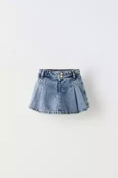 Юбка-бермуды из джинса с короткими складками ZARA, средне-синий