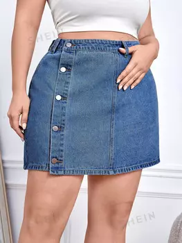 Юбка больших размеров Frenchy, высокая талия, пуговицы спереди, джинсовая ткань Shein, тёмно-синий