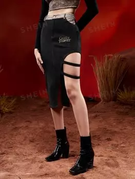 Юбка до бедра Shein с вырезом и надписью, черный