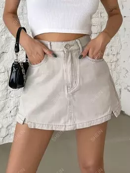 Юбка джинсовая, завышенная талия, с зубцами Dazy, хаки