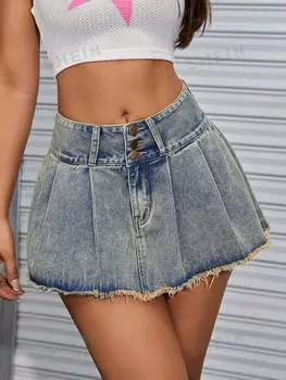 Юбка джинсовая женская Shein Icon Coolmax со складками, светло-синий