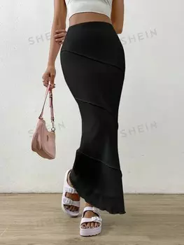 Юбка EZwear Mermaid Hem, элегантная однотонная юбка, соответствующая моде Shein, черный