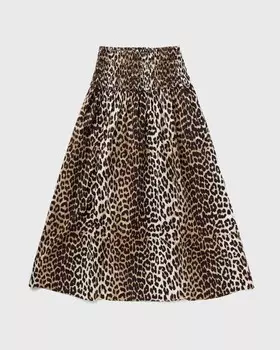 Юбка Ganni Printed Cotton Long Smock Skirt, цвет leopard