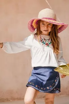 Юбка и брюки из ткани шамбре с вышитым цветочным мотивом Monsoon, синий