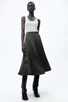 Юбка из атласа с вышивкой ZARA, хаки