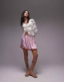 Юбка из атласного кружева Topshop розового цвета с горчичным кружевом