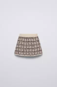 Юбка из блестящей трикотажной клетки ZARA, экрю/черный