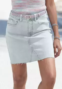 Юбка из денима Buffalo, короткая модель с бахромой по низу, мини-юбка из удобного эластичного хлопка, голубой