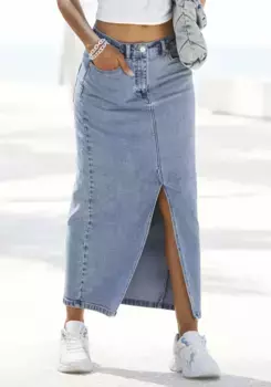 Юбка из денима Buffalo, модной длины миди, эластичная джинсовая юбка с разрезом, летняя юбка, голубой