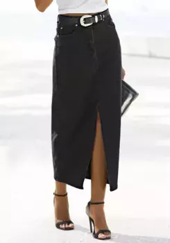Юбка из денима Buffalo, модной длины миди, эластичная джинсовая юбка с разрезом, летняя юбка, черный