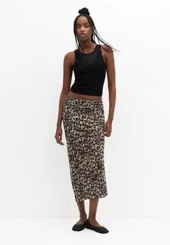 Юбка из денима GATHERED LEOPARD -MIDI PULL&BEAR, коричневый