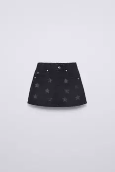 Юбка из джинса с блестящими звездами ZARA, черный