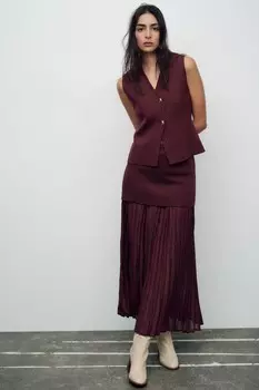 Юбка из комбинированного трикотажа с плиссами ZARA, бордовый