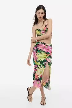 Юбка из крепа с высоким разрезом H&M, зеленый/цветочный