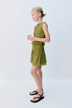Юбка из сетки в точечный горизонт с эластичными деталями ZARA, средне-зеленый