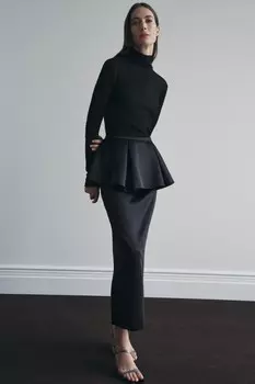 Юбка из тяжелого атласа с баской ZARA, черный
