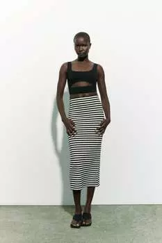 Юбка из трикотажа эластич в полоску ZARA, черно-белый
