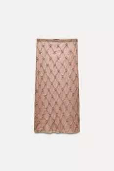 Юбка из тюля с пайетками и стразами ZARA, светло-розовый