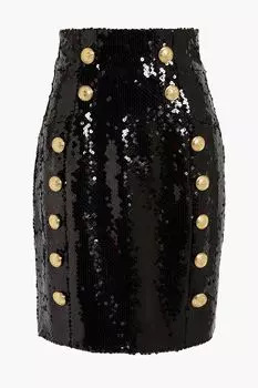 Юбка из тюля, украшенная пуговицами и пайетками BALMAIN, черный