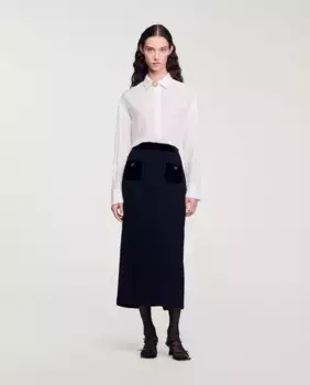 Юбка из твида и бархата с разрезом сзади Sandro, черный