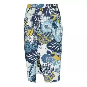 Юбка-Карандаш из хлопка с цветочным мотивом синего и зеленого цветов Jupe Crayon Fleurie En Coton dans les Tones bleus et verts Conquista, синий