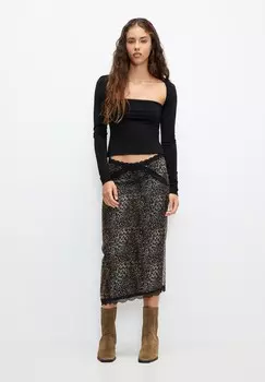 Юбка-карандаш LEOPARD MIDI PULL&BEAR, коричневый