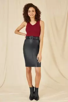 Юбка карандаш миди из искусственной кожи с подходящим поясом Yumi, черный
