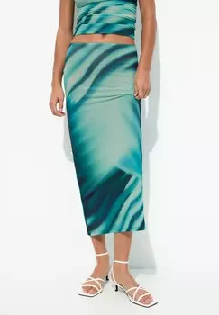 Юбка-карандаш TIE-DYE, MIDI PULL&BEAR, синий