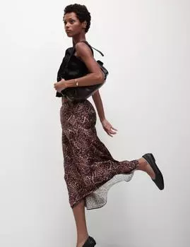 Юбка-комбинация макси с анималистичным принтом из атласа Marks & Spencer, коричневый