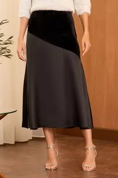 Юбка комбинация миди из атласного бархата контрастного цвета Love & Roses, черный