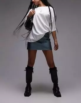 Юбка-ламбрекен из искусственной кожи с панелями и швами в цвете металлик-синего цвета Topshop