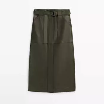 Юбка Massimo Dutti Nappa Leather With Pockets, зеленый