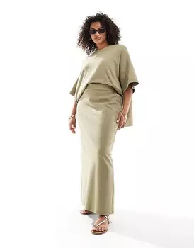 Юбка макси цвета хаки из фактурного джерси премиум-класса ASOS Edition Curve