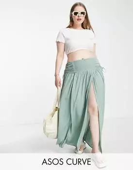 Юбка макси цвета хаки с присборенной талией и рюшами по бокам ASOS DESIGN Curve