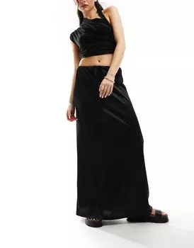 Юбка макси из черного атласного твила ASOS с присборенным поясом сбоку