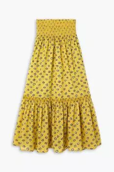Юбка макси из хлопковой вуали со сборками и цветочным принтом TORY BURCH, желтый