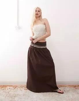 Юбка макси из легкого поплина Monki с заниженной талией темно-коричневого цвета
