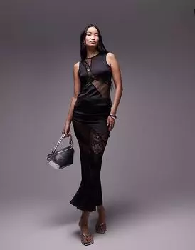 Юбка макси из смеси атласа и кружева от Topshop, черного цвета