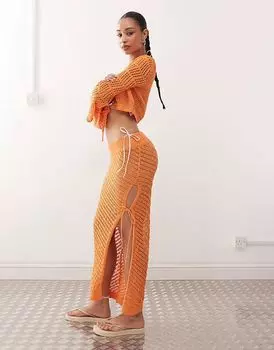 Юбка макси с боковыми разрезами и завязками от Noisy May, связанная крючком, оранжевого цвета