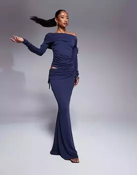 Юбка макси с мягкой ручкой, отворотом на талии, юбка-рыбий хвост со сборками по бокам в чернильном цвете ASOS DESIGN