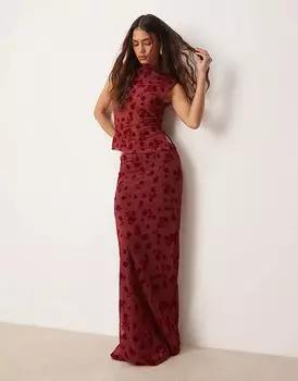 Юбка макси с низкой посадкой из сетчатой ткани с флоковым узором красного цвета ASOS DESIGN