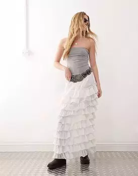 Юбка макси с оборкой по подолу в будние дни белого цвета Weekday