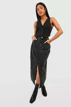 Юбка макси с разделками передней передней кислотой petite Boohoo, черный