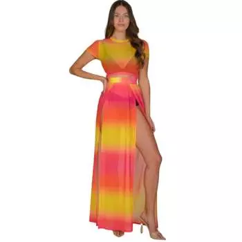 Юбка макси с высоким разрезом и прозрачной сеткой FASHNZFAB, цвет yellow multi